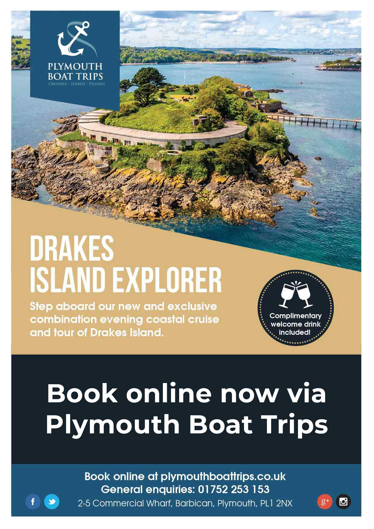 An image of Drake's Island with a call-to-action to book via Plymouth Boat Trips.